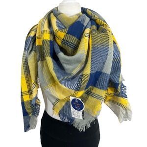NEW Plaid Blanket Scarf Women's 55 x 55 Blue Yellow Gray Cozy Poncho NWT
